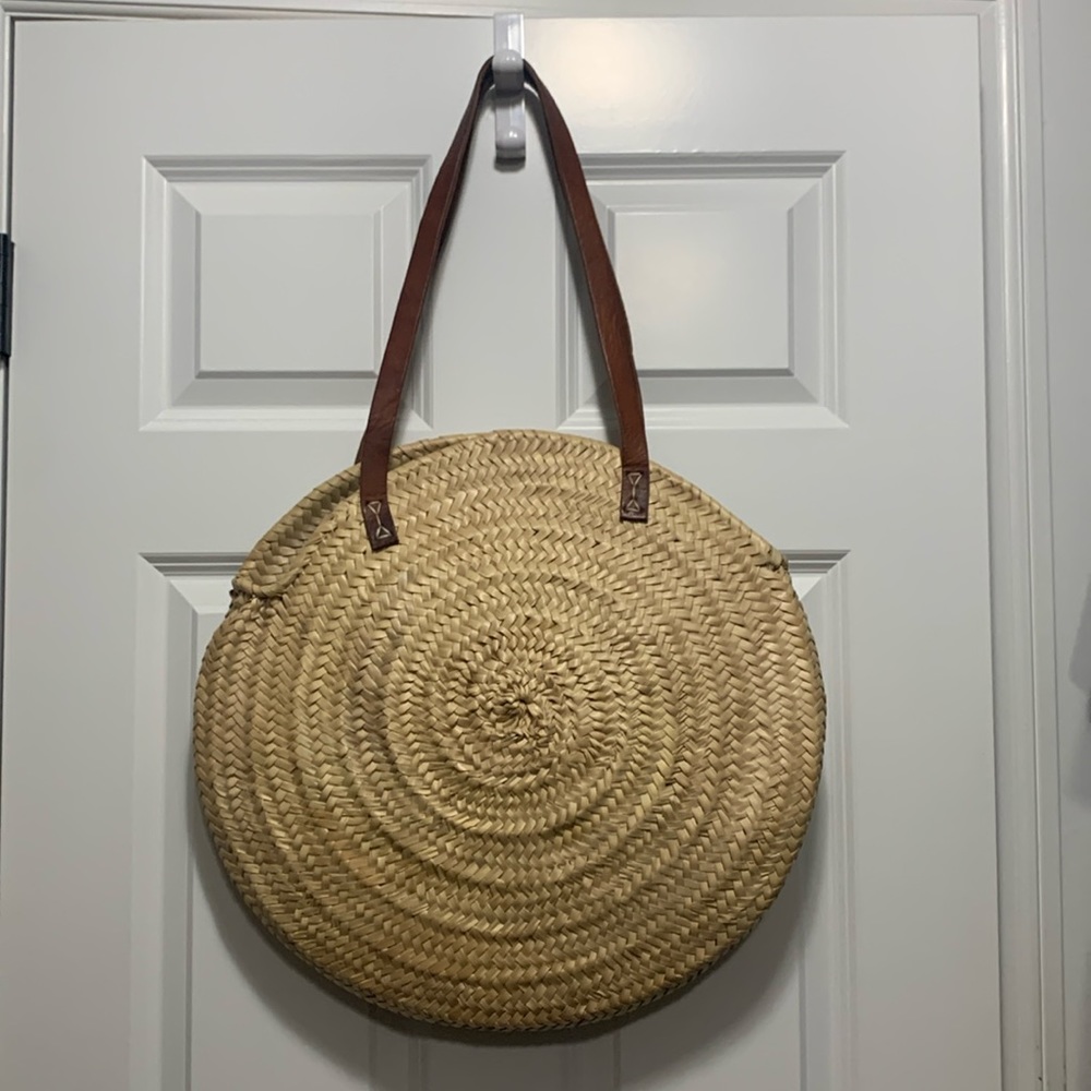 Madewell Round Woven Straw Tote Bag with Brown Leather Straps